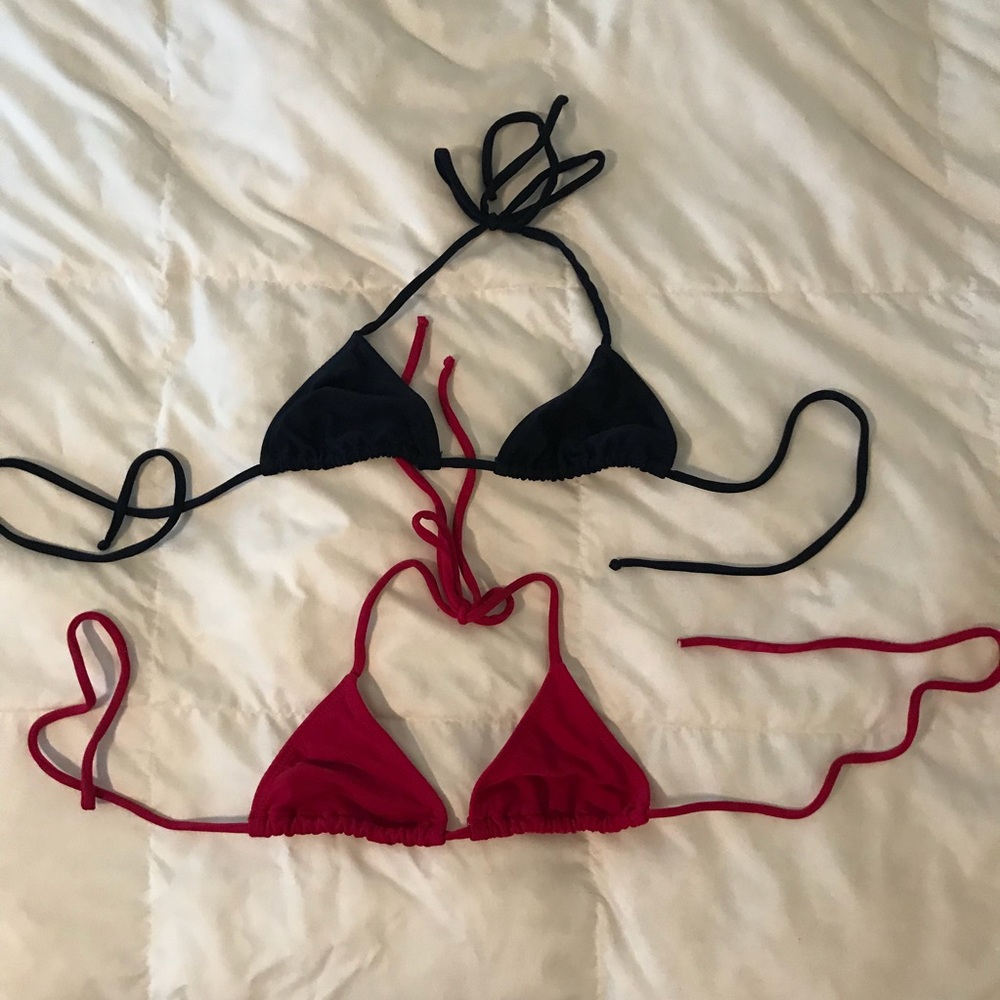 Navy blue and red triangle bikini tops